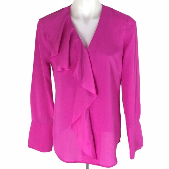 BANANA REPUBLIC Long Sleeve Cascade Ruffle Top Womens Bright Pink Size Small - Picture 1 of 12